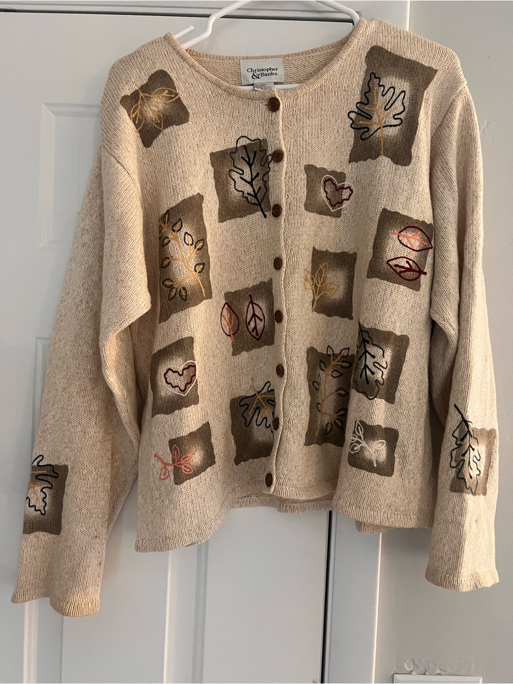 Christopher & Banks Beige Button-Front Cardigan with Leaf Embroidery
